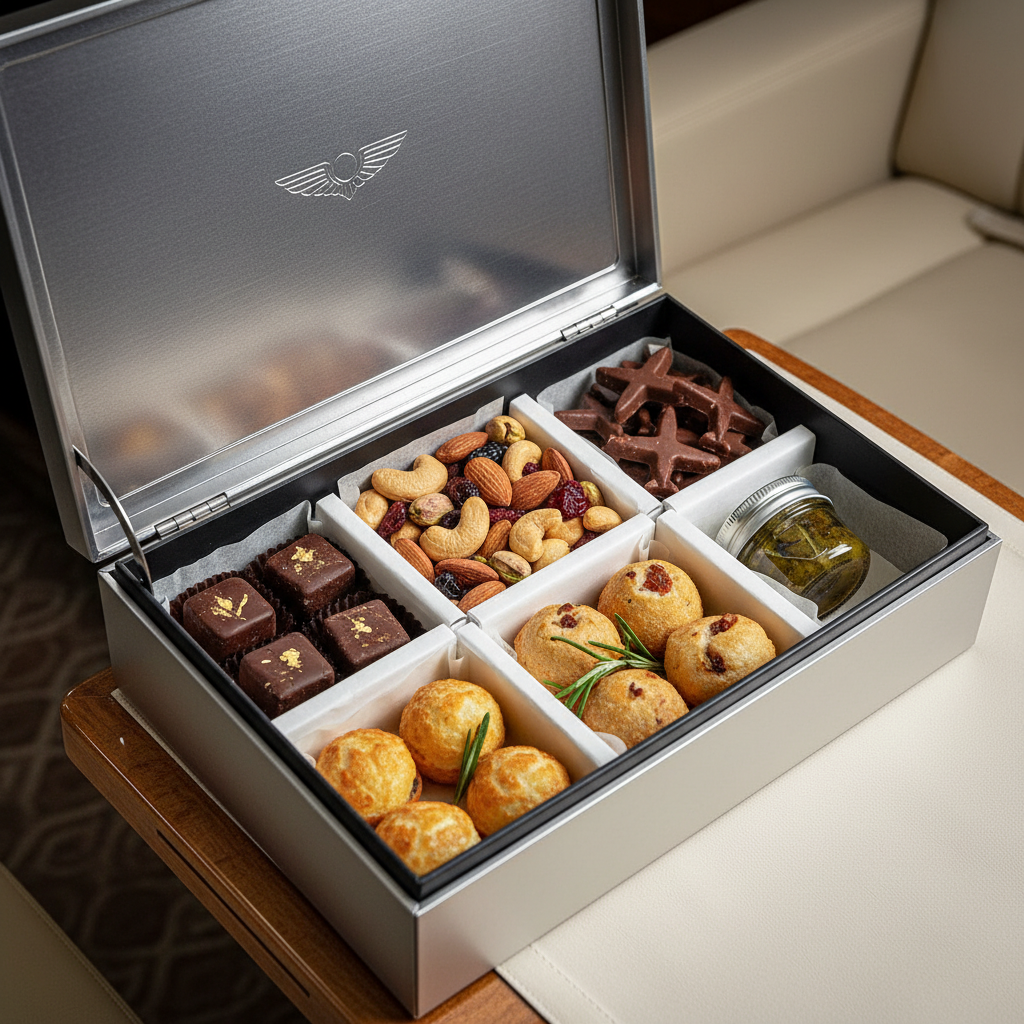 Luxury in-flight gourmet snack box open lid view