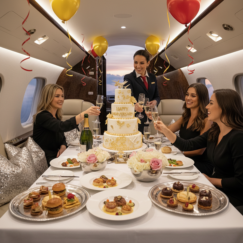 In-flight celebration catering with custom cake and champagne
