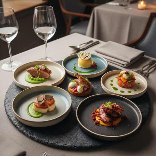 Chef-curated signature tasting menu with elegant small courses beautifully plated