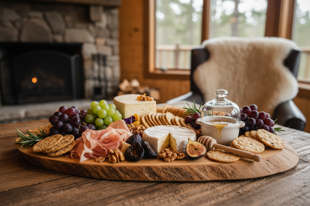 Premium charcuterie and cheese board with prosciutto, brie, and grapes