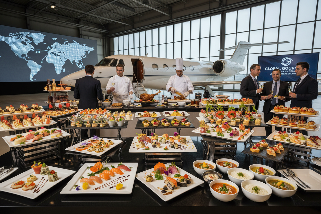 Worldwide catering sourcing service with diverse international gourmet dishes