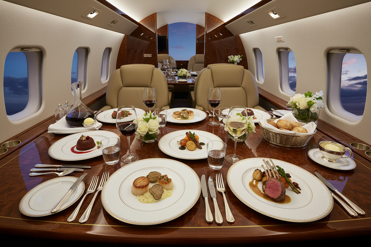 Elegant gourmet dinner spread for private jet dining