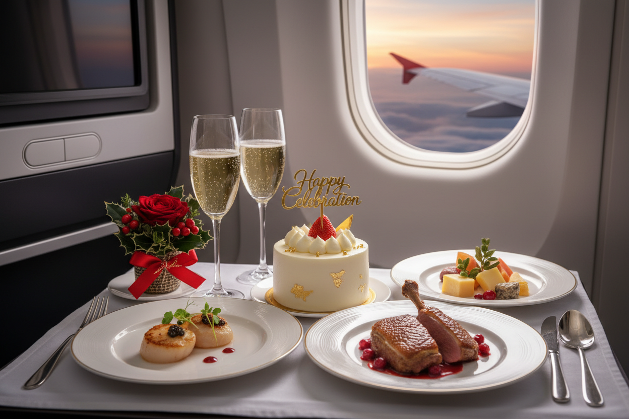 Special occasion in-flight catering with celebration cake and festive food