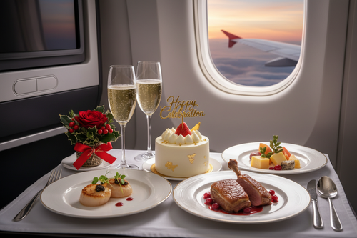 Special occasion in-flight catering with celebration cake and festive food