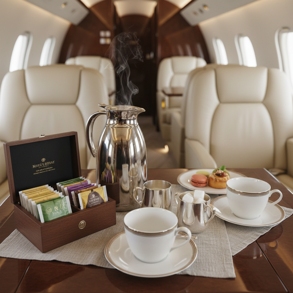Luxury private jet coffee and tea service with fine china