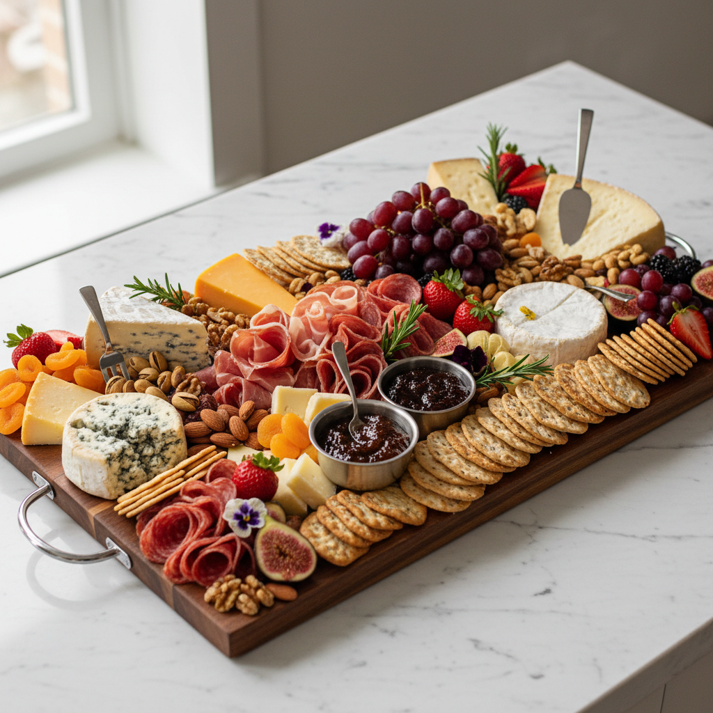 Artfully arranged charcuterie and cheese board with cured meats and artisan cheeses