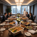 Executive business lunch catering spread with chef-prepared entrees