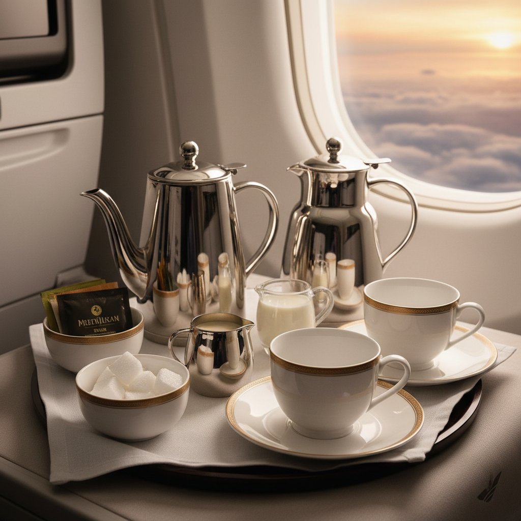 Premium in-flight coffee and tea service setup