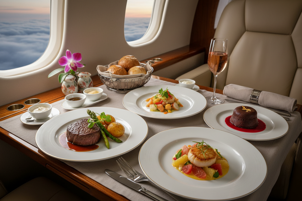 Private jet in-flight meal service with gourmet courses