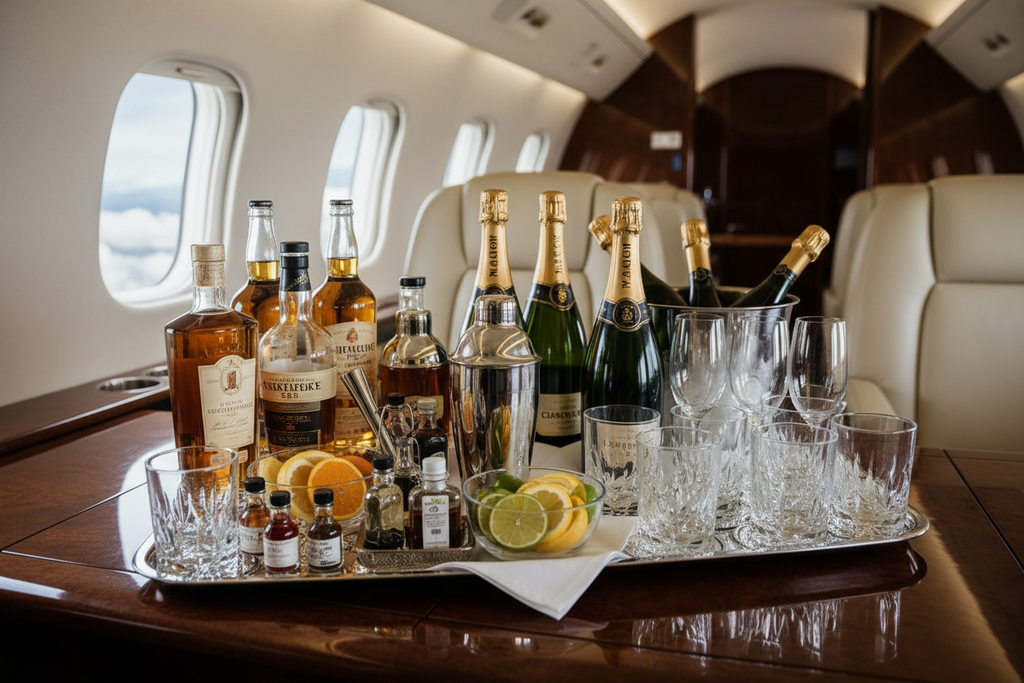 Full cabin bar service with premium whiskey, champagne, and cocktail ingredients