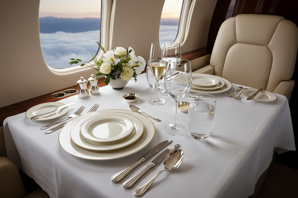 Luxury cabin table setting with premium porcelain and crystal glasses