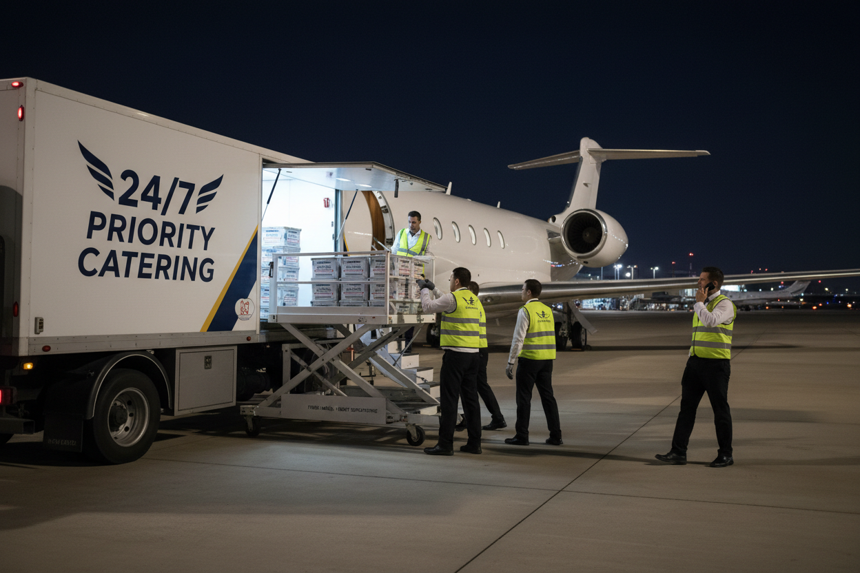 24/7 priority catering delivery with fresh meal boxes ready for urgent aircraft departure