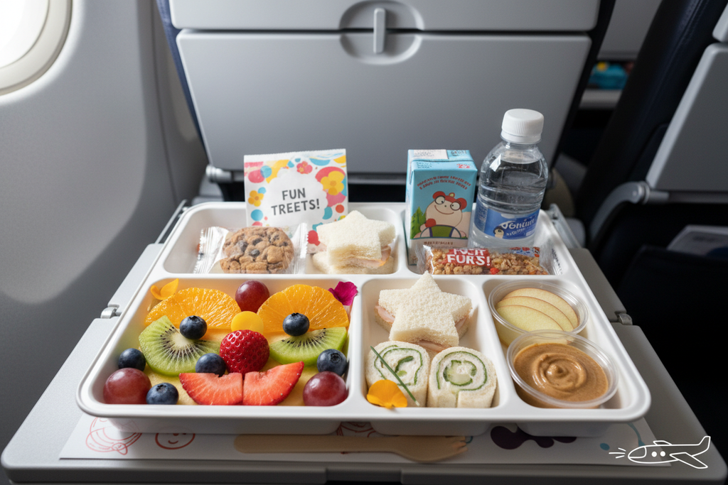 Kids and family in-flight menu with fresh fruit, mini sandwiches, and healthy snacks