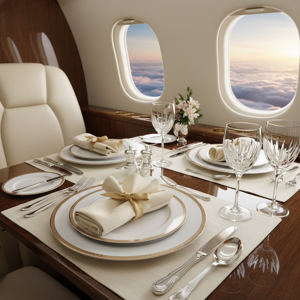 Premium cabin tableware setup with fine china, crystal glassware, and silver cutlery