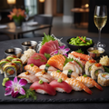 Premium sushi and seafood catering platter with fresh nigiri and sashimi