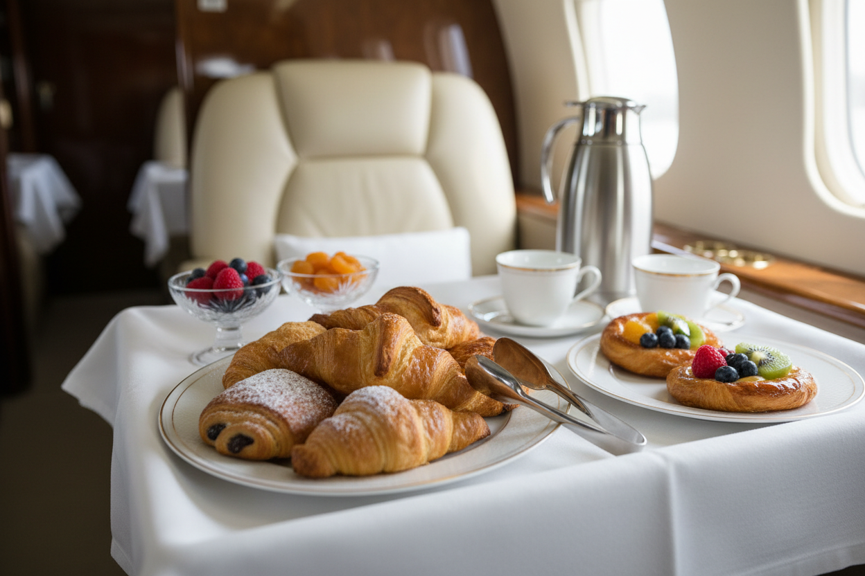 Elegant breakfast pastry selection for private jet catering