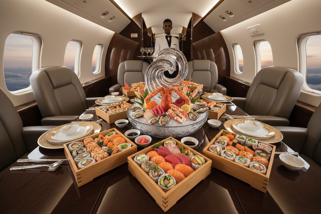 Fresh sushi and seafood catering service with assorted rolls and chilled seafood