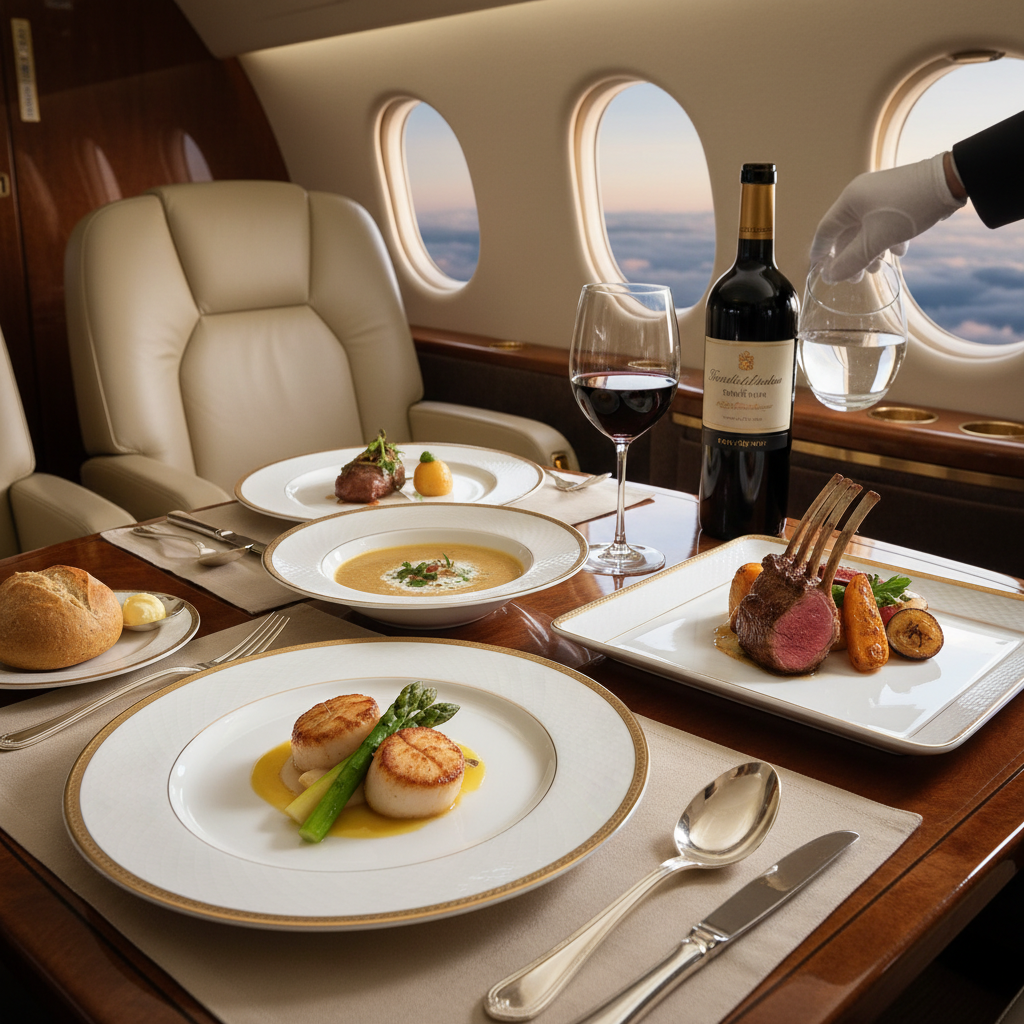 Multi-course in-flight meal elegantly plated on fine china