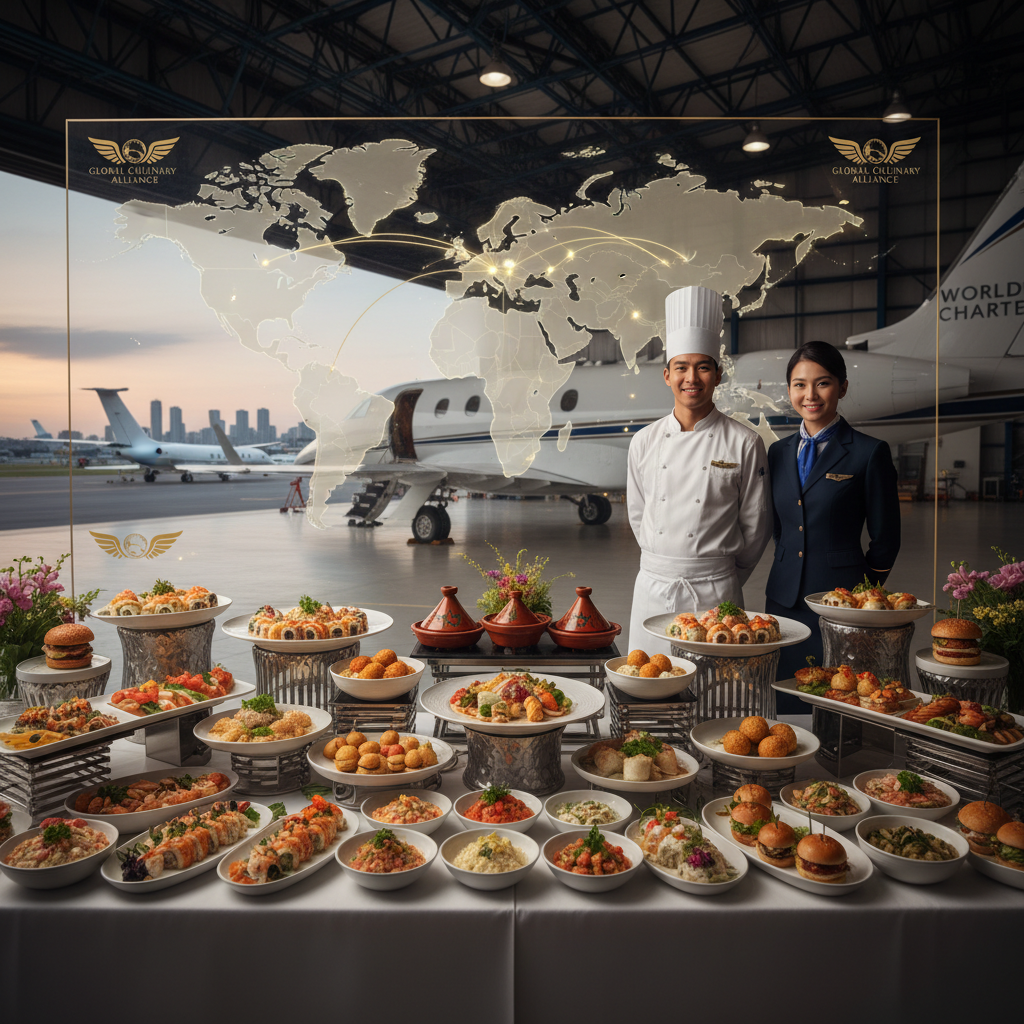 Global destination catering sourcing with international cuisine spread